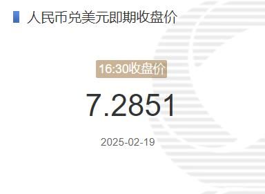 2025年02月19日：2月19日人民币兑美元即期收盘价报7.2851 较上一交易日下调68个基点